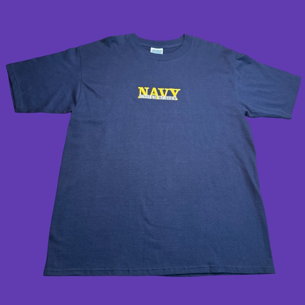 Y2K US Navy T Shirt Size L Mens Blue Embroidered Military Heavyweight Cotton